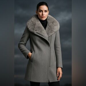 Club Monaco Evangah Wool Coat In Light Charcoal Gray Size XS/TP Faux Fur Collar